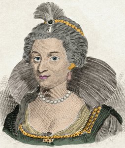 Portret van koningin Anna van Denemarken, koningin van Engeland (1574-1619), echtgenote van koning James I van Engeland (1566-1625). Gravure uit de 19e eeuw door Unknown artist