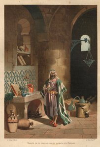Portret van Rhases (Rhazes, Razi, Al-Razi, Razis, of Rases) (840-923) Perzische wetenschapper) in zijn laboratorium in Bagdad. Barcelona 1881