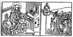 Portret van Sint Brigitte van Zweden (1103 - 1373). Gravure uit “Leben der Heiligen - sommerteil” (Het boek van de heilige) door Jacobus (James) van Voragine (1228-1298). Lübeck 1488 door Unknown artist