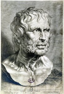 Portret van Seneca (Lucius Annaeus Seneca, 4 v.Chr.-65 n.Chr.), filosoof van de Stoïcijnse school, toneelschrijver en Romeins staatsman - Gravure 1638 - Coll Maciet, Bibliotheek van Decoratieve Kunsten, Parijs door Unknown artist
