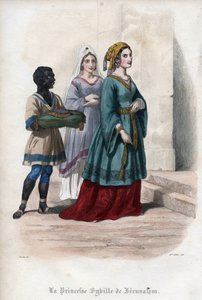 Portret van Sibylla van Jeruzalem (Jeruzalem Sibylle) (ca. 1160-1190), prinses en vervolgens koningin van Jeruzalem. Gravure uit 1842 in "Histoire des popes" door Maurice Lachatre. Privécollectie.