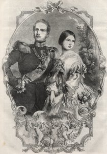 Portret van Hare Koninklijke Hoogheden Prinses Victoria (1840-1901) (Koningin Victoria) en Kroonprins Frederik Willem van Pruisen (1831-1888). Gravure uit 1858 door Unknown artist