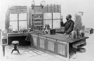 Portret van de Duitse arts Robert Koch in zijn laboratorium