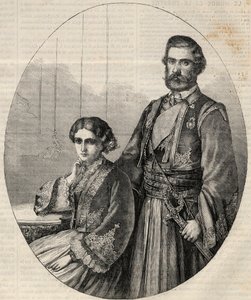 Portret van de Prins van Servië Michael III (1823-1868) en Prinses Julie (1831-1919). Gravure in 