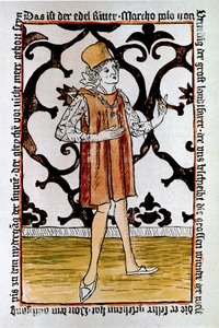 Portret van de Venetiaanse ontdekkingsreiziger Marco Polo (1254-1324) Frontispice van de eerste editie van “Il Milione: Het Boek der Wonderen” (Devisement du monde) Neurenberg