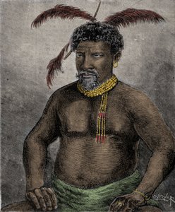 Portret van de Zulu-koning Cetshwayo (of Cetawayo, Cetewayo, Cetywajo, Ketchwayo) (1826-1884) Gravure uit de 19e eeuw door Unknown artist