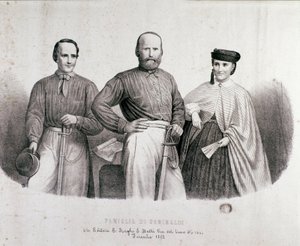 Portret van de patriot en held van de Risorgimento Giuseppe Garibaldi (1807-1882) tussen Teresita, zijn dochter en zijn vrouw Stefano Canzio. Lithografie van 1862. Privécollectie door Unknown artist