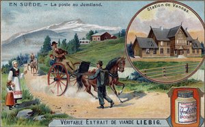 Post en postbode in Jemtland, Zweden. Chromolithografie, Liebig afbeelding.