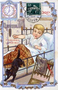 Ansichtkaart die het verloop van de dag van een kind toont. Om 7 uur wordt het kind wakker. door Unknown artist
