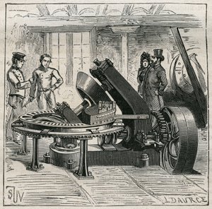 Aardewerk: Fleury-machine gebruikt voor het mechanisch vormen van bakstenen. Gravure uit 1885 in “Les arts et métiers illustrés” door Adolphe BITARD
