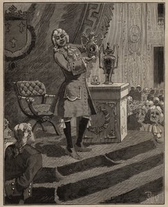 Pottenbakkerij: Pierre Joseph Macquer (1718-1784) presenteert aan de Academie het eerste harde porselein gemaakt in Frankrijk door de fabriek van Sèvres in 1769. Gravure uit 1885 in 