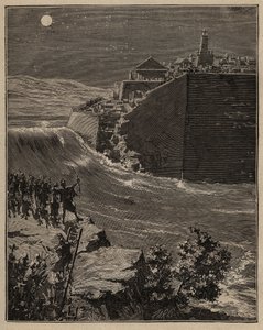 Pottenbakkerij: ruwe bakstenen in het oude Griekenland. Het leger van Pausanias (5e eeuw v.Chr.) leidt de loop van een rivier om om de muren van ruwe baksteen die de stad Mantinea beschermen te vernietigen. Gravure uit 1885 in 