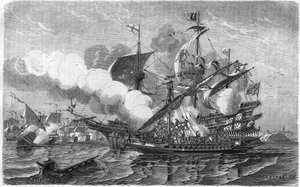 Pregent viel de Engelse vloot aan, onder bevel van admiraal Edouard Howart, april 1513. Gravure uit de 19e eeuw. door Unknown artist