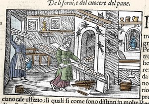 Voorbereiding en bakken van brood in een oven. Gravure door Olaus Magnus (1490-1557), Zweedse geestelijke en geograaf, 