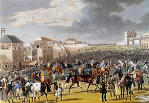 Voorbereidingen voor een Epsom-race (Epsom Oaks: Engelse paardenrace). Gravure van de 19e eeuw door Unknown artist