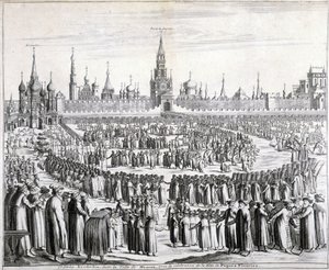 Processie van Paasbloemen voor de Heilige Verlosserpoort en het Kremlin in Moskou. Gravure uit de 19e eeuw.