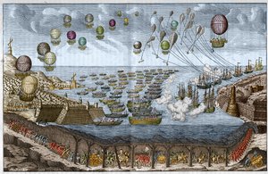 Aanvalsplan tegen Engeland in 1803 door Napoleon I - Franse troepen lopen door de Kanaaltunnel terwijl schepen en ballonnen aanvallen via zee en lucht - Gravure uit 1803