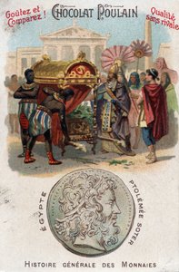 Ptolemaeus I (360-283 v.Chr.) Soter (redder) liet Alexander de Grote begraven. In Algemene Geschiedenis van Munten. Chocolade-foal chromolithografie uit het einde van de 19e eeuw. Privécollectie.