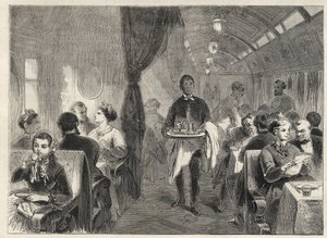 Pullman eetwagon van de Pacific Railways in 1869 - binnenkant van een hotelwagon op de Pacific Railway