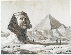 Piramides van Gizeh: uitzicht op de Sfinx en de Grote Piramide, genomen vanuit het zuidoosten - in "Description of Egypt", keizerlijke edities door Unknown artist