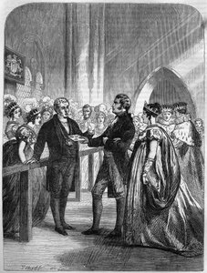 Koningin Caroline (Caroline van Brunswijk-Wolfenbüttel), koningin-gemalin van koning George IV van het Verenigd Koninkrijk, afgewezen bij de deur van Westminster Abbey 1820. Gravure.
