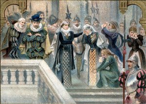 Koningin van Schotland Marie Stuart (1542-1587) nam afscheid van de hofdames. Late chromolithografie uit de 19e eeuw