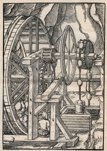 Rag-and-chain pomp voor het leegpompen van een mijn bediend door mannen in tredmolen. Uit Agricola (George Bauer) De re metallica, Basel door Unknown artist