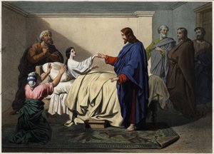 Opwekking van de dochter van Jairus - Jezus redt de dochter van Jaire (Jairus of Jairos). Anonieme gravure uit het einde van de 19e eeuw