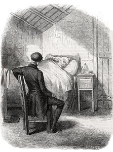Rastignac bleef alleen bij de oude man, zittend aan het voeteneinde van het bed... Gravure midden 19e eeuw. Illustratie voor 