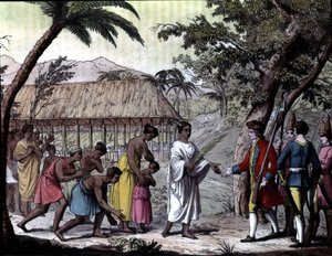 Ontvangst van de navigator Samuel Wallis door koningin Oberea in Tahiti. Navigaties van Cook, Milaan door Unknown artist