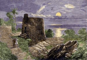 Religie van de Farsis (volgelingen van Zarathustra): het begrafenisritueel bestaat uit het plaatsen van de lichamen van de overledenen in een toren, de Toren van Stilte, waar ze worden verslonden door gieren. Malabar-regio. door Unknown artist