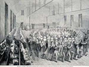 Religieuze processie van de Shakers in New York. Illustratie uit de 19e eeuw.