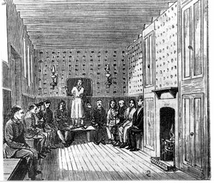 Religieuze bijeenkomst van Amerikaanse shakers. 19e-eeuwse gravure. door Unknown artist