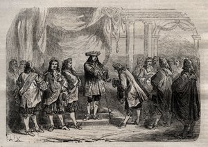René Duguay-Trouin (1673-1736) ontvangt het kruis van Saint-Louis uit handen van koning Lodewijk XIV - gravure in 
