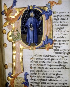 Voorstelling in een lettrine van de dichter Dante Alighieri (1265 - 1321), miniatuur 14e eeuw