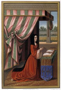 Afbeelding van Anne de France bekend als Anne de Beaujeu (1461-1522) in gebed. Ze is de dochter van Lodewijk XI en Charlotte van Savoye. Chromolithografie na verlichting door Unknown artist