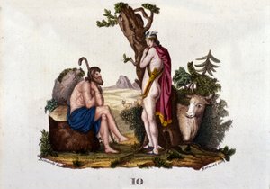 Weergave van Argus en Io, veranderd in een koe door Mercurius. Plaat uit 
