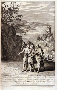 Voorstelling van Aristipus van Cyrene (435-356 v.Chr.) Griekse filosoof en leerling van Socrates, na het schipbreuk die hem op de kust van Rhodos wierp, ontdekt hij geometrische sporen in het zand. Gravure uit Boek XV van Euclides