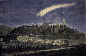 Voorstelling van een komeet boven de stad Athene in 1878