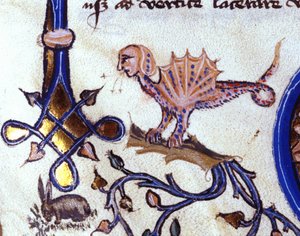 Voorstelling van een fantastisch dier half mens half draak. Miniatuur uit een 14e-eeuws manuscript door Unknown artist