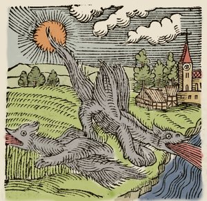 Voorstelling van basilieken in vlucht die tarwevelden verbranden. Gravure uit 