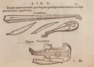 Voorstelling van snaarinstrumenten en boogschutter. Pagina uit Musurgia praktische handleiding voor muziek door Unknown artist