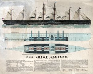 Afbeelding van het Britse schip Great Eastern, eerste gigantische lijnschip, ingewijd in 1858 ontworpen door Isambard Kingdom Brunel