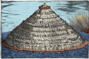 Voorstelling van het Vagevuur na de Goddelijke Komedie van Dante Alighieri (1265-1321): het aardse Paradijs is bovenaan. Anonieme gravure uit de 17e eeuw