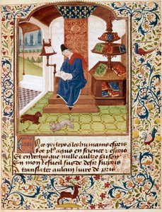 Voorstelling van de auteur die schrijft in zijn kantoor. Miniatuur uit 