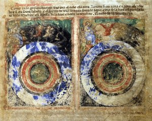 Voorstelling van de schepping van de wereld. Genesis. Miniatuur uit codex 212 (of padovano codex of Bijbel van Padua) 1390-1400 Rovigo, Accademia dei Concordi