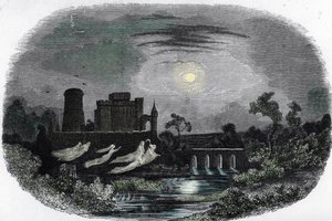 Geesten van de oude heren van Blandy rond de muren van het kasteel, Blandy-les-Tours, Seine en Marne, gravure uit 