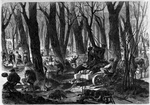 Restauratiewerkzaamheden in de Tuilerieëntuin in Parijs. Gravure in 
