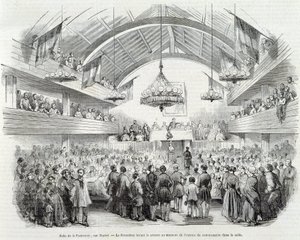 Revolutie van 1848: Broederschapshal, Rue Martel, de voorzitter schorste de zitting bij de binnenkomst van de commissaris in de zaal door Unknown artist