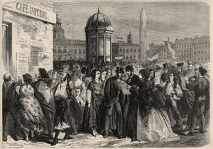 Revolutie van september 1868 in Spanje (Gloriosa): het voorlezen van het manifest van de junta, in de straat van Alcala in Madrid. Gravure in 